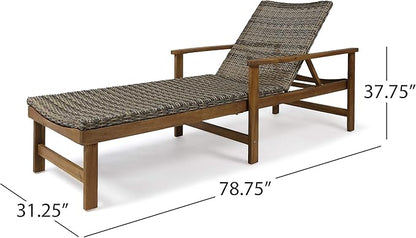 Great Deal Furniture Kyle Outdoor Rustic Acacia Wood Chaise Lounge with Wicker Seating, Natural and Gray