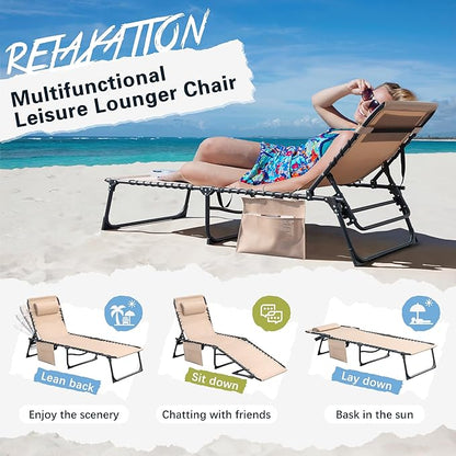 Greesum Chaise Lounge Folding Tanning Chair with 5 Position Adjustable Back, Detachable Pillow & Pocket Outside Pool, Beach, Sunbathing, Beige