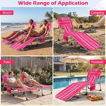 GYMAX Tanning Chair with Face Hole, Sun Bathing Lounge Chairs for Outside with Side Pocket, Folding Portable Face Down Layout Tanning Chair Beach, Backyard, Poolside, Lawn (Pink Stripe,1)