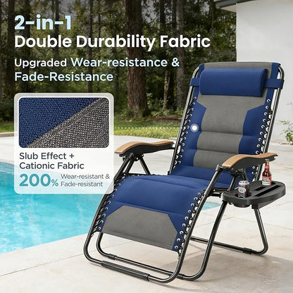 PHI VILLA XXL Oversized Padded Zero Gravity Chair, Foldable Patio Recliner, 30" Wide Seat Anti Gravity Lounger with Cup Holder, Support 400 LBS (Thumb Blue)