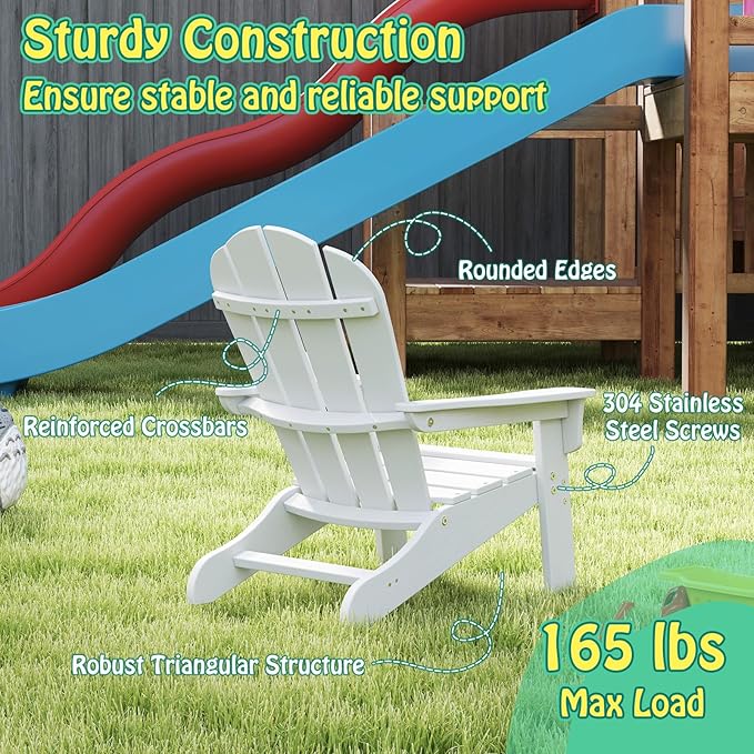 Giantex HDPE Kids Adirondack Chair - All-Weather Lawn Toddler Chair with Ergonomic Design, Children’s Outdoor Chair for Toddlers Ages 3-8, Kid’s Patio Furniture for Deck, Garden (1, White)