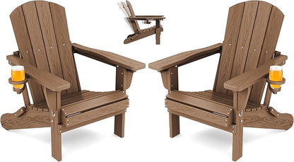 SERWALL Folding Adirondack Chair Set of 2, Reclining Adirondack Chair with 3 Recline Positions, All Weather HDPE Outdoor Adirondack, Brown