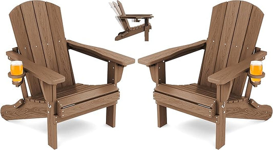 SERWALL Folding Adirondack Chair Set of 2, Reclining Adirondack Chair with 3 Recline Positions, All Weather HDPE Outdoor Adirondack, Brown