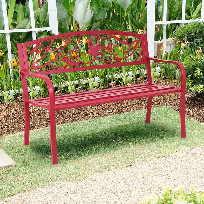 Giantex 50”Outdoor Bench with Cast Iron Backrest & Ergonomic Armrest, 600 lbs Steel Metal Frame - Photo 8