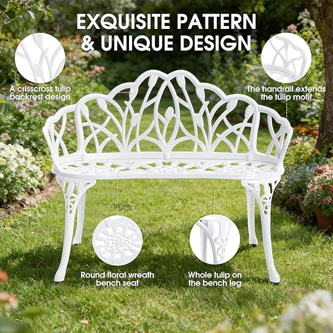 Outdoor Bench, Cast Aluminum Double Seating with Backrest and Armrests, Mental Outdoor Furniture for Patio, Porch, Garden, Park, White Tulip