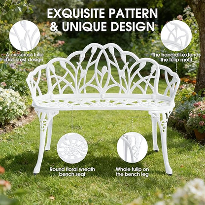 Outdoor Bench, Cast Aluminum Double Seating with Backrest and Armrests, Mental Outdoor Furniture for Patio, Porch, Garden, Park, White Tulip