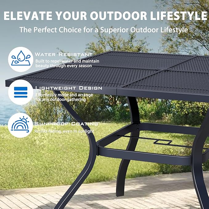 37.6'' Outdoor Patio Dining Table with Adjustable Umbrella Hole, Mesh Tabletop Square Table, Heavy Duty 400lbs Capacity, for Deck, Balcony, Bistro, Black