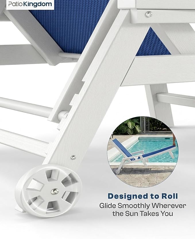 Patio Chaise Lounge Chair with Wheels & Cup Holder, HDPE Textilene Outdoor Lounge Chair 5 Positions Adjustable for Poolside Deck Patio Backyard (4, White Frame, Royal Blue Textilene)