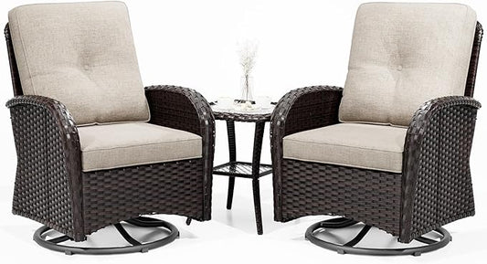 Joyside Outdoor Swivel Rocker Chairs, 3 Piece Wicker Patio Set with Thickened Cushions, High Back, Deep Seating, Wide Armrest, Outdoor Swivel Chairs for Porch, Deck