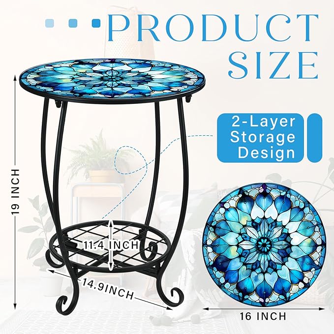 Outdoor Side Table Round Small Mosaic Patio Accent Indoor End Plant Coffee Tea Table for Yard Patio Porch Garden Living - Photo 3