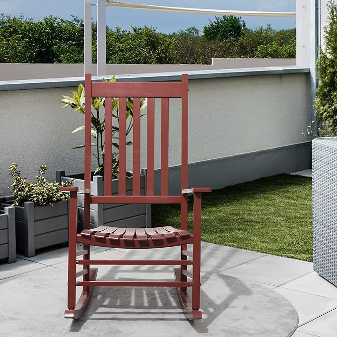 Outdoor Rocking Chair, Patio Wooden Rocking Chair with Smooth Armrests, High Back for Garden, Balcony, Porch, Supports Up to 352 lbs., Wine Red
