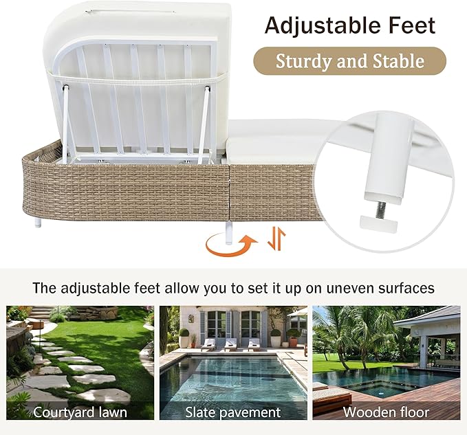 SOFTSEA Patio Rattan Daybed for 2 People, with 5-Position Adjustable Backrest, Outdoor Chaise Lounge with Removable Cushions&Pillows, Iron Frame Outdoor Bed Loveseat for Pool Garden, Beige+White