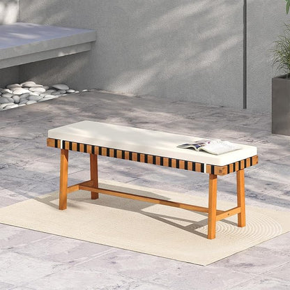HAPPYGRILL Outdoor Acacia Wood Bench with Cushion, Breathable Rope Seat, Patio Dining Bench for Entryway Garden Poolside Balcony, 800 LBS (2)