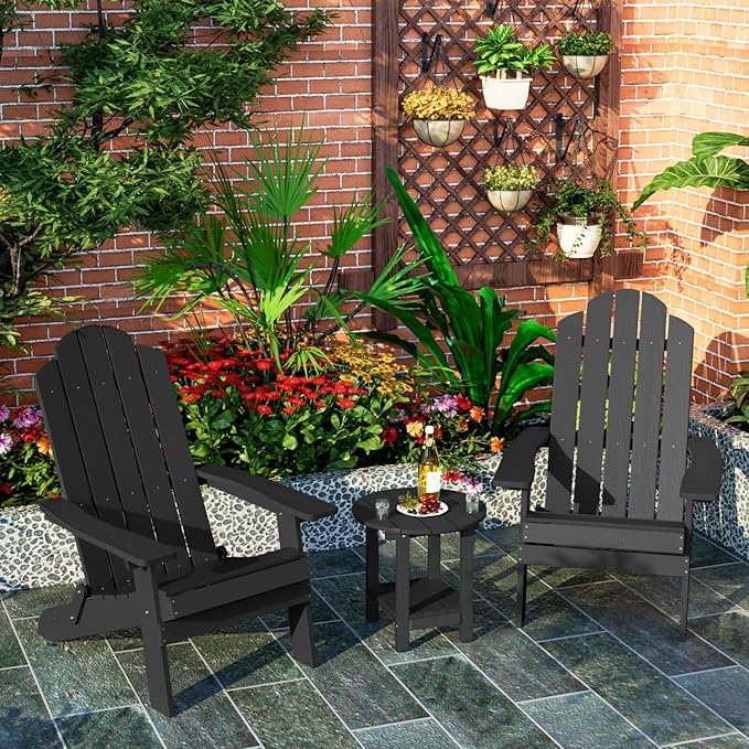 MXIMU Round Outdoor Side Table Adirondack Tables 18 Inch Chairside End Tables with Storage Shelf, 2-Tier Plastic Patio Side Table for Balcony Backyard Lawn (Black, 1 Pack)