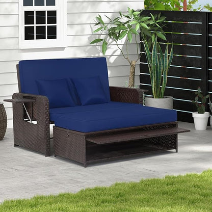 LDAILY Moccha Outdoor Daybed, Wicker Loveseat Sofa Set with 4-Postion Adjustable Backrest, Storage Ottoman, Cushions, Rattan Double Bed Lounger, Patio Furniture Set (Navy)