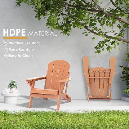 IVY&LANE Folding-Adirondack-Chairs-Set-of-2 | HDPE Plastic | Outdoor Fire Pit Chair with Cup Holder | Teak | Poly | Weather Resistant | for Patio Deck Poolside Garden Beach