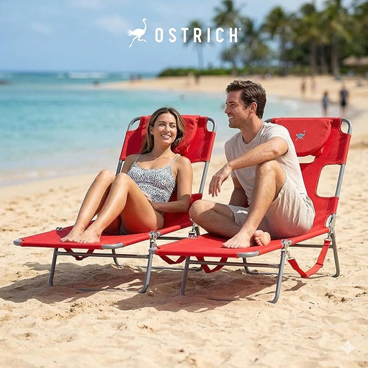 Ostrich the Original Chaise 72 x 22 Inch Lounge Portable Reclining Lounger, Outdoor Patio, Beach, Lawn, Camping, or Pool Tanning Chair, Red