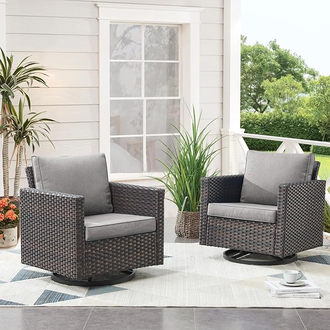 Patio Chairs Wicker Swivel Rocker - Oversize Patio Furniture Conversation Set Outdoor Swivel Glider 350LBS Max Load Outdoor Rocking Chairs with High Back for Porch Balcony Deck - Brown/Grey