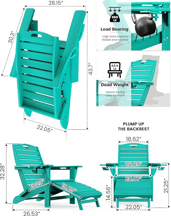 Ciokea Folding Adirondack Chair Set of 2 with Retractable Ottoman Fire Pit Patio Chair with Pull Out Foot Rest Weather - Photo 3