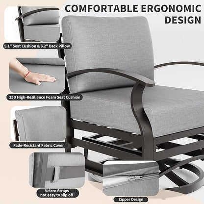 Gotland 4 Piece Patio Set, Metal Outdoor Swivel Chairs Set of 2 with 2 Ottoman 5.1’’ High-Resilience Seat Cushions Removable Cushions, Aluminum Patio Furniture Set for Lawn, Porch, Balcony, Grey