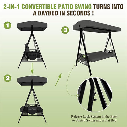 MUPATER Patio Porch Swing Chair, 3-Seat Outdoor Canopy Swing Glider with Stand and Cushion,Patio 2-in-1 Swing Chair for Outside, Backyard and Deck, Grey