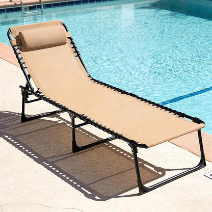 Outdoor Folding Chaise Lounge 5-Position Adjustable Recliner 400LB Heavy Duty Portable Patio Camping Beach Chair, Beige