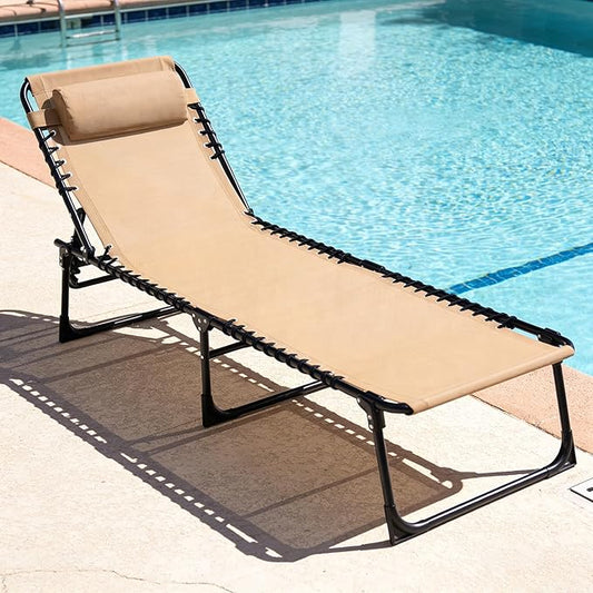 Outdoor Folding Chaise Lounge 5-Position Adjustable Recliner 400LB Heavy Duty Portable Patio Camping Beach Chair, Beige