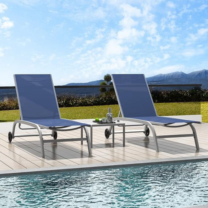Domi Chaise Lounge Outdoor Set of 3 Lounge Chairs for Outside w/Wheels, 5 Adjustable Position Pool Lounge Chairs for Patio, Beach, Yard, Navy Blue