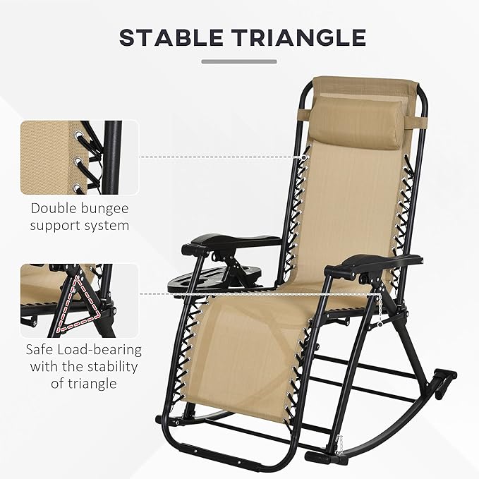 Outsunny Set of 2 Outdoor Rocking Chairs, Foldable Reclining Zero Gravity Lounge Rocker with Pillow, Cup & Phone Holder, Combo Design with Folding Legs, Beige