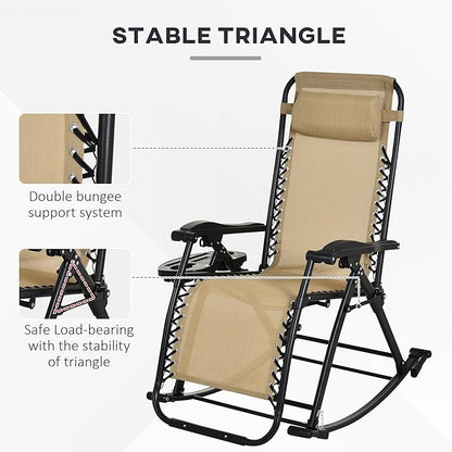 Outsunny Set of 2 Outdoor Rocking Chairs, Foldable Reclining Zero Gravity Lounge Rocker with Pillow, Cup & Phone Holder, Combo Design with Folding Legs, Beige