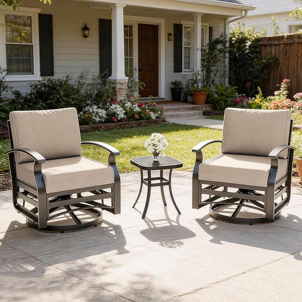 Gotland 3 Piece Patio Set, Metal Outdoor Swivel Chairs Set of 2 with 5.1’’ High-Resilience Seat Cushions Tempered Glass - Photo 1