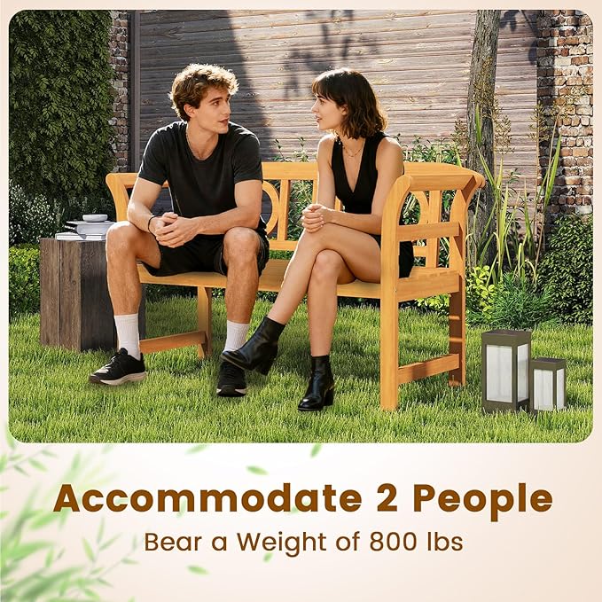 Tangkula Acacia Wood Outdoor Bench with Backrest, 2-Person Patio Wood Bench with Curved Armrests, Slatted Seat, Garden Bench Loveseat for Park, Yard, Lawn, Patio, 800 LBS Max Load