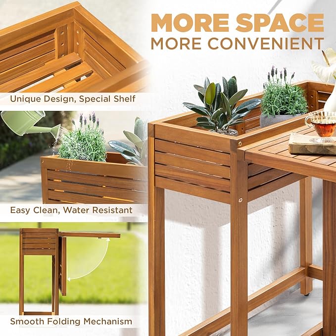 IDZO Natural 3-Piece Bistro Set: Foldable 400lbs Chairs, 220lbs Shelf Table, FSC Acacia Wood, Washable Cushions - Photo 3