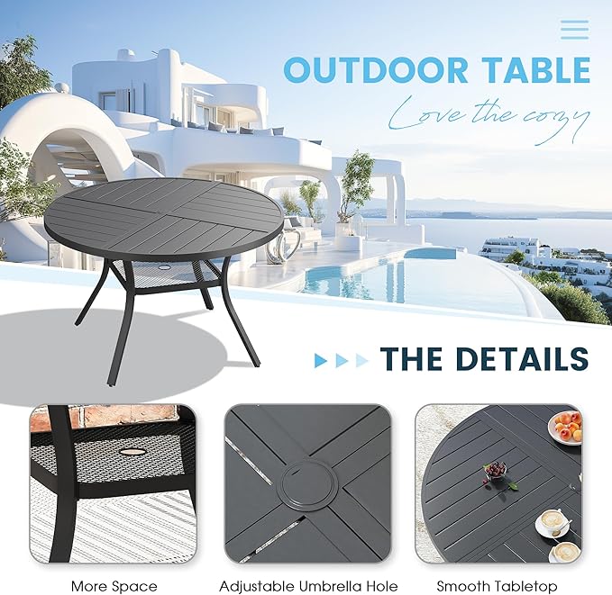 Patio Dining Table for 4, Round Metal Outdoor Table with Storage Shelf, 1.57" Umbrella Hole, 41" Outdoor Quartered Tabletop Dining Table for Backyard, Porch, Lawn, Black