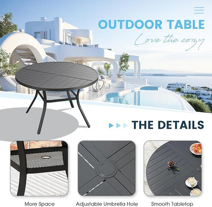 Patio Dining Table for 4, Round Metal Outdoor Table with Storage Shelf, 1.57" Umbrella Hole, 41" Outdoor Quartered Tabletop Dining Table for Backyard, Porch, Lawn, Black