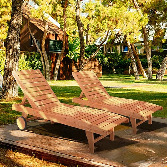 Outvita 62" Outdoor Wooden Chaise Lounge Chair, Adjustable Backrest Sun Lounger with Wheels for Beach, Poolside, Deck, Porch & Garden