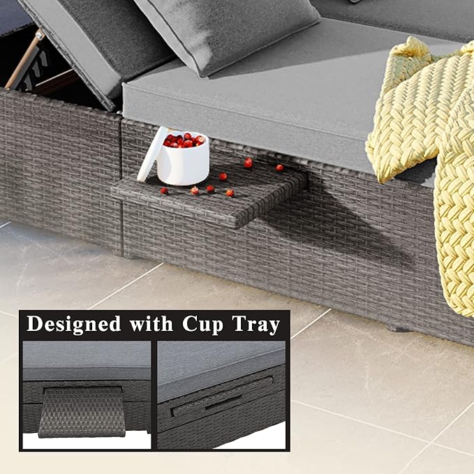 Patio Rattan Sunbed, All Weather Outdoor Wicker Double Daybed with Adjustable Backrest and Cup Tray - Photo 5