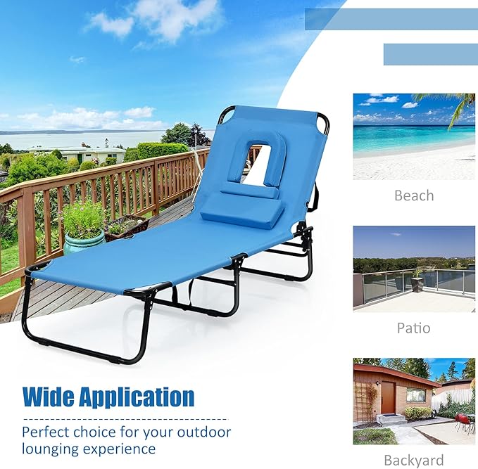 Folding Beach Lounge Chair w/ 5 Adjutable Backrest & Padded Pillow, Sunbathing Lounger Chair, Sun Tanning Lay Flat Chair for Seaside Pool Deck, Max Load 330 LBS, No Assembly Required (Blue)