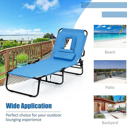 Folding Beach Lounge Chair w/ 5 Adjutable Backrest & Padded Pillow, Sunbathing Lounger Chair, Sun Tanning Lay Flat Chair for Seaside Pool Deck, Max Load 330 LBS, No Assembly Required (Blue)