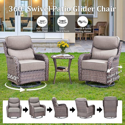 Luxury Patio Furniture Set with 42.5" Fire Pit Table, 8 Pieces High Back All Weather Wicker Outdoor Furniture w/ 6-Inch Thick Cushions, Patio Swivel Chairs Couch for Deck Balcony Backyard Brown/Grey