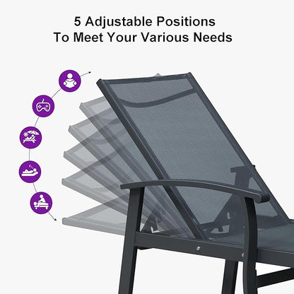 PURPLE LEAF Chaise Lounge Chair Outdoor 2 Pieces Pool Lounge Chairs 5 Adjustable Position with Armrests and Side Table, Aluminum Patio Lounge Chair for Outside, Backyard, Pool, Grey