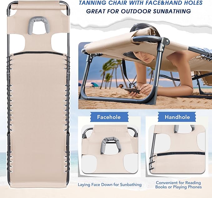 Flamaker Face Down Chaise Lounge Chair 5-Position Adjustable Sunbathing, Foldable Tanning Chair with Face& Arm Holes - Photo 4