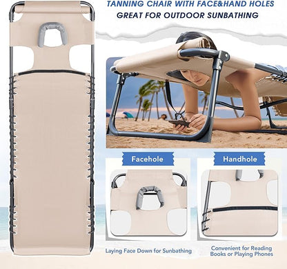 Flamaker Face Down Chaise Lounge Chair 5-Position Adjustable Sunbathing, Foldable Tanning Chair with Face& Arm Holes, Outdoor Recliner Chair for Pool, Beach, Patio, Lawn (Beige, 1 Pcs)