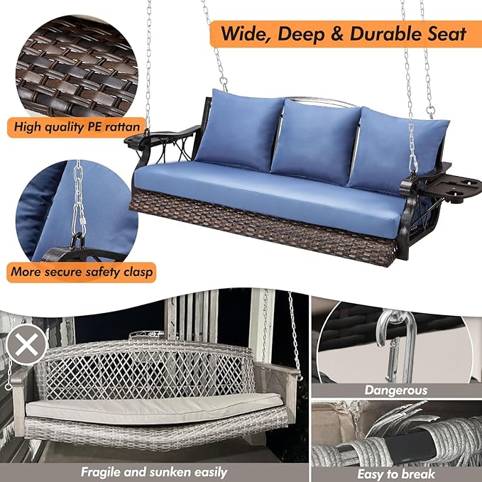 Heavy Duty 900 LBS Porch Swing Chair 3-Person Outdoor Rattan Patio Swing Lounge w/Cup-Holder & Steel Chains Wicker - Photo 2