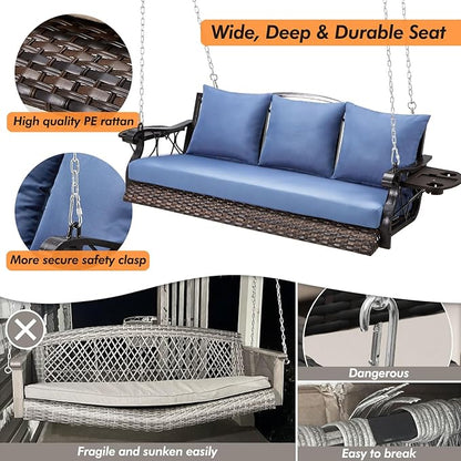 Heavy Duty 900 LBS Porch Swing Chair 3-Person Outdoor Rattan Patio Swing Lounge w/Cup-Holder & Steel Chains Wicker Hanging Bench Porch Swing Cushions for Deck & Backyard & Garden