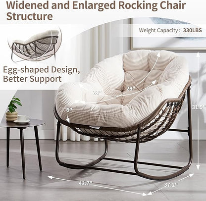 HOMEFUN Outdoor Patio Rocking Chairs Set of 2, Oversized Papasan Rock Chair Indoor with Striped Velvet Padded Cushion - Rocker Egg Seat for Front Porch, Garden, Patio, Backyard White