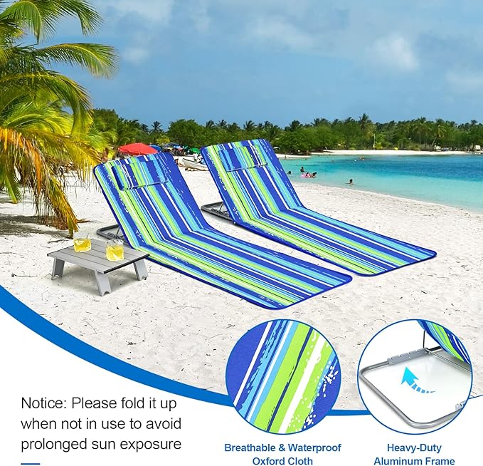 COSTWAY 3-Piece Beach Lounge Chairs, Outdoor Lounger with Side Table, 5 Reclining Positions - Photo 7