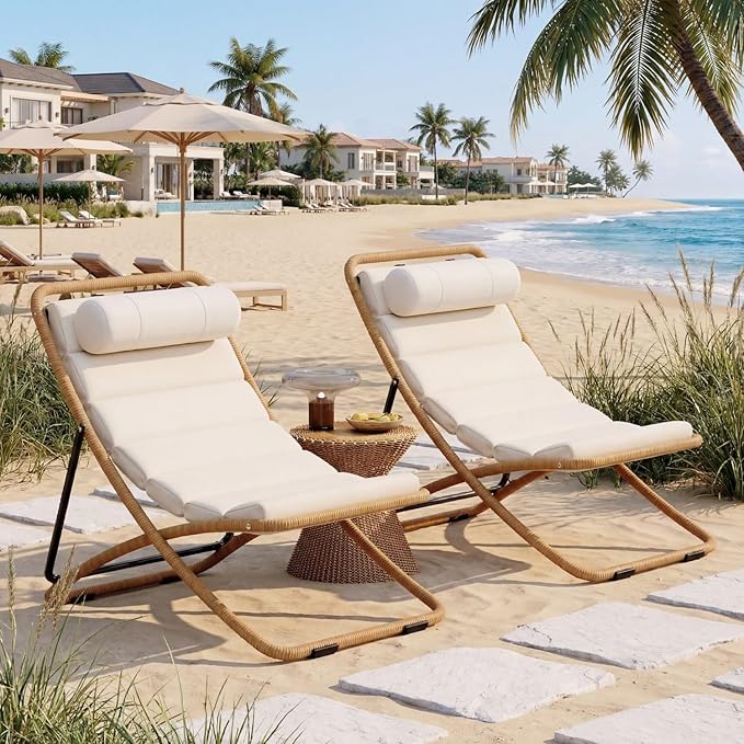 Outdoor Chaise Lounge Chair Set of 2, Patio Chaise Lounge Recliner, Poolside Chaise Lounge with Thick All-Weather Cushions for Patio, Deck and Backyard(D)