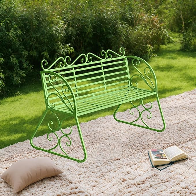 2-Seat Patio Porch Bench 45"，Outdoor Metal Garden Bench，Weather Proof Porch Path Chair，Patio Bench with Backrest and Armrests，Patio Bench for Lawn Path Yard Decor Deck Furniture(Green)
