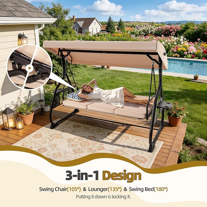 3 Seat Outdoor Porch Patio Swing with Adjustable Canopy& Backrest, Outdoor Swing for Adults - Photo 2